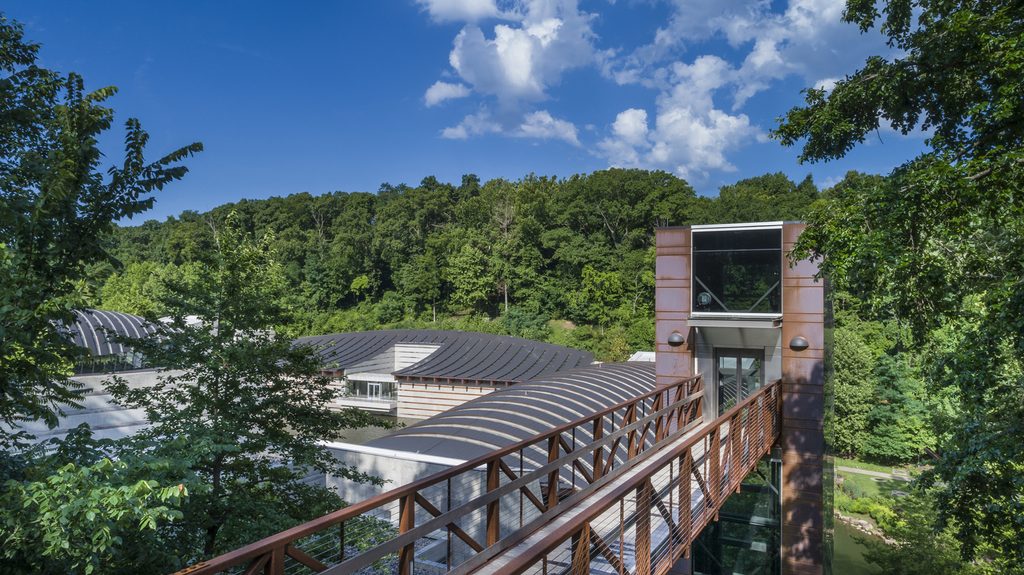 Modern building with curved roofs, bridge, and elevator tower in a forested area under blue sky.