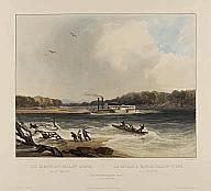 Karl Bodmer, The Steamer Yellow Stone on the 19th April 1833, 1832-1834, hand-colored aquatint, 17 1/4 × 23 1/2 in. (43.8 × 59.7 cm). Crystal Bridges Museum of American Art, Bentonville, Arkansas, 2009.26.4 Vintage illustration of a steamboat on a river, with people and birds in a lush landscape.