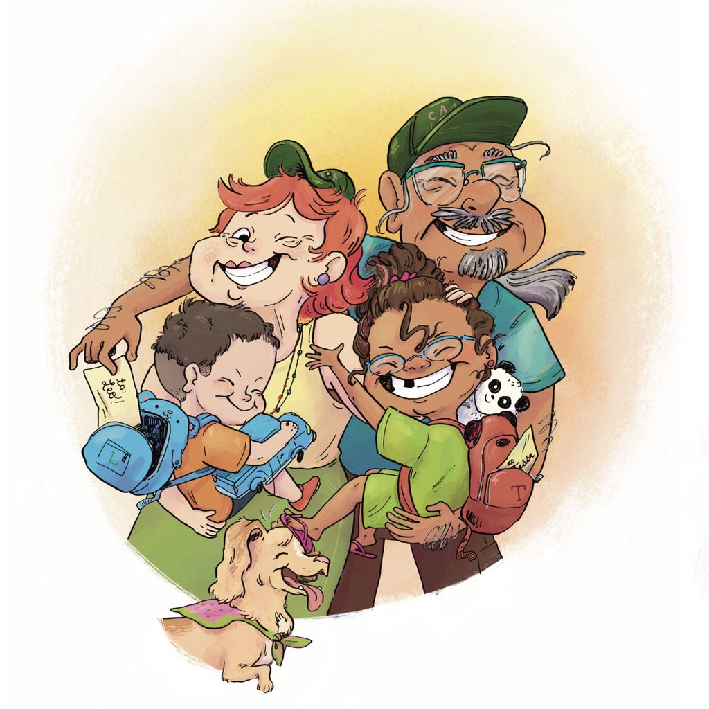 Joyful family illustration with two kids, backpacks, dog, elderly couple, warm gradient background.
