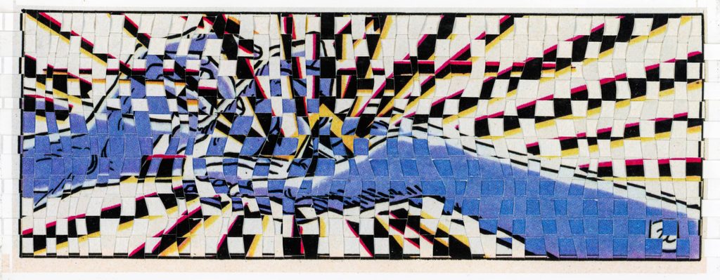 Mosaic design of interwoven strips in blue, black, yellow, and pink, creating a fragmented effect.
