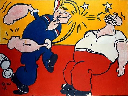 Sailor punches bearded man, stars around head, colorful background, pipe in corner, cartoon style.