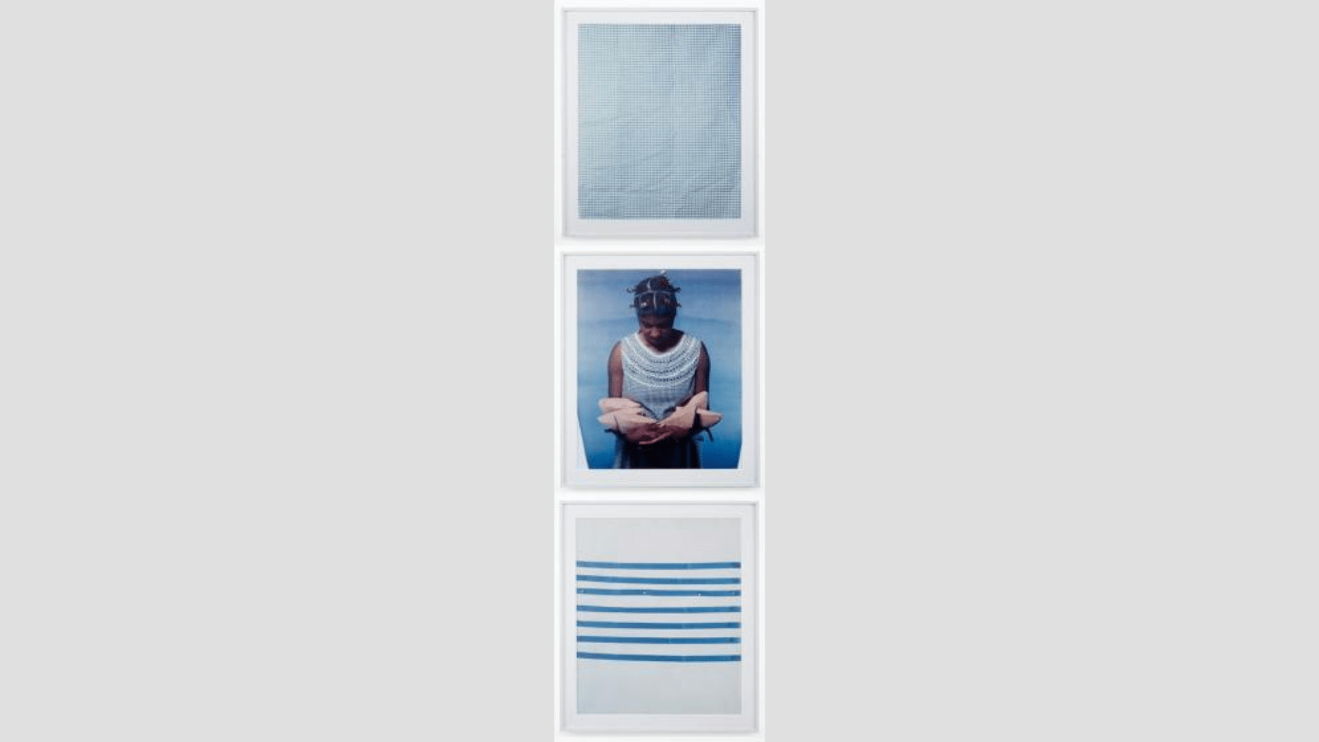 María Magdalena Campos-Pons, When I am Not Here/Estoy Allá, from the series When I am Not Here/Estoy Alla, 1997, dye diffusion transfer print (Polaroid Polacolor Pro), triptych, each print: 24 × 20 in. (61 × 50.8 cm) each framed: 28 3/4 × 24 3/4 × 1 1/2 in. Crystal Bridges Museum of American Art, Bentonville, Arkansas, 2021.7 blue grid, person with headdress, blue stripes on white background.