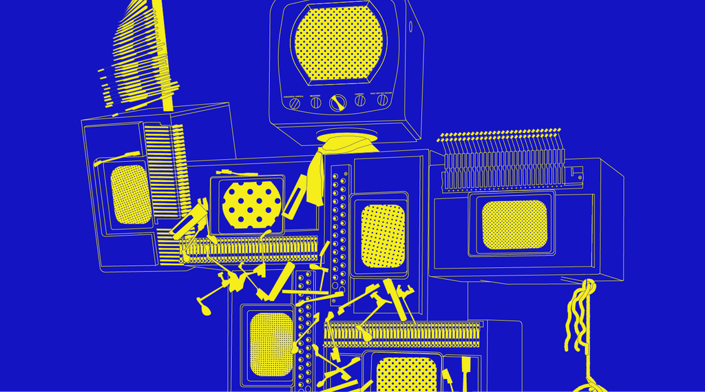 Stack of retro TVs and audio gear with tools, outlined in yellow on a blue background.