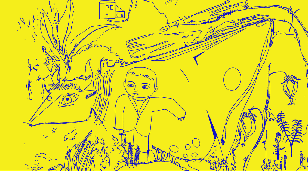 Abstract art of person with short hair and large animal, featuring plants and house.