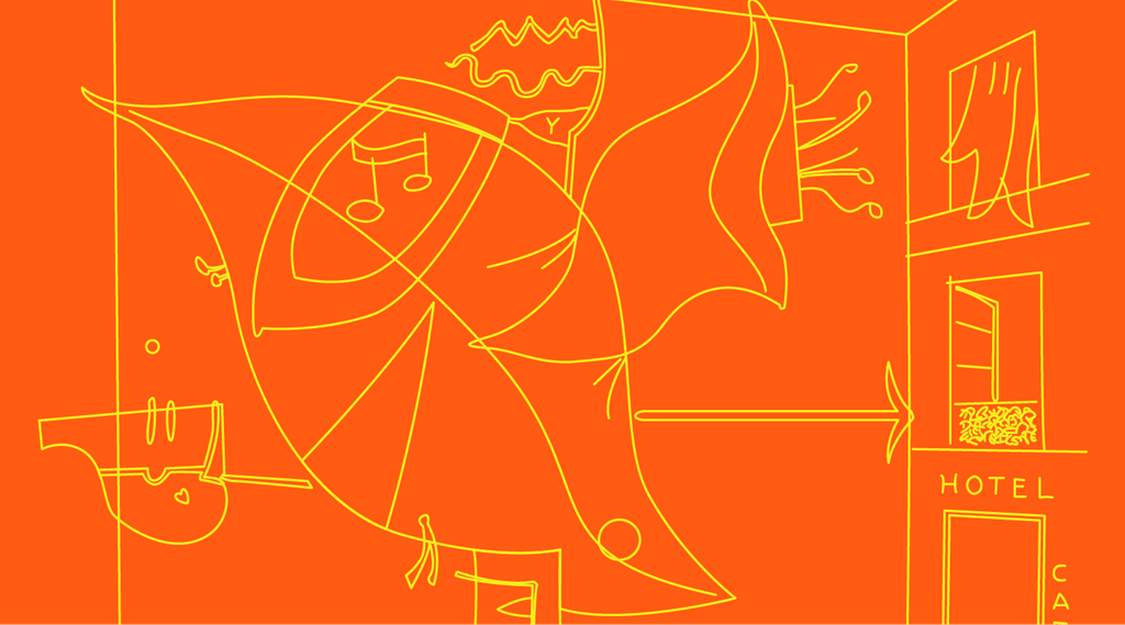 Line drawing on orange background with abstract shapes, figures, bird, hotel, cafe, window.