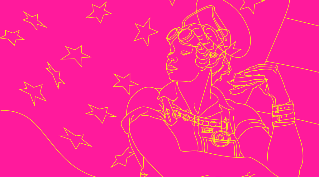 Stylized outline of person with sandwich, goggles, headscarf on pink with stars and stripes.